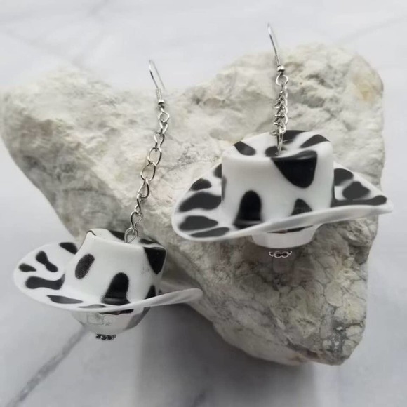 Western Cowgirl Cow Print Hat Disco Ball Dangle Earrings - Picture 4 of 4